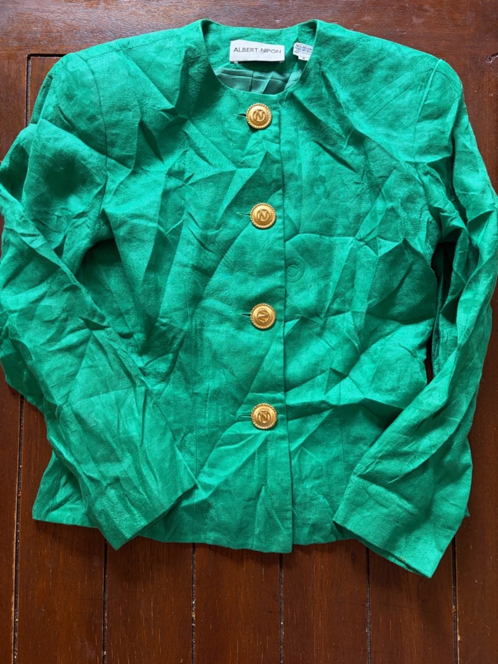 Albert Nipon Emerald Green Gold-Button 100% Linen Jacket/Blazer